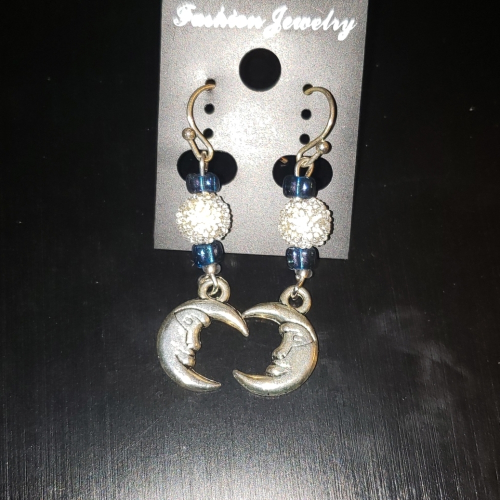 Blue Glass & Tibetan Silver Moon Earrings - Picture 2 of 2